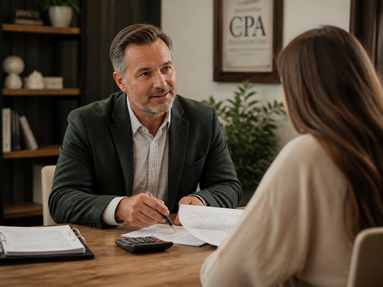 A CPA reviewing financial statements with a small business owner